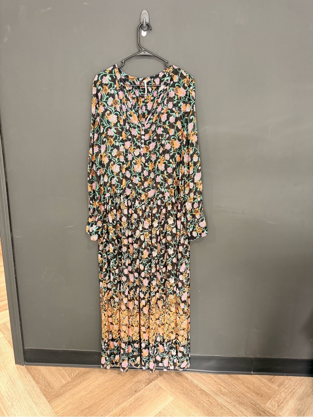 Free People Black Maxi Dress with Pink and Yellow Floral Print